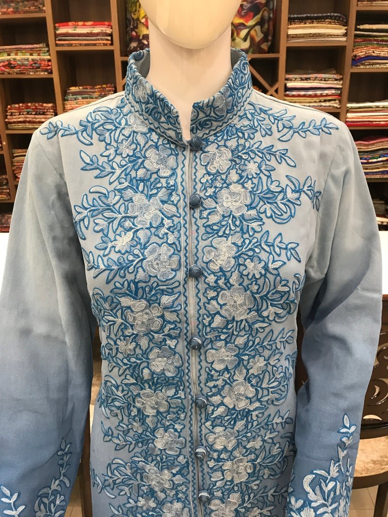 Blue Ombre Kashmiri Embroidered Summer Jacket