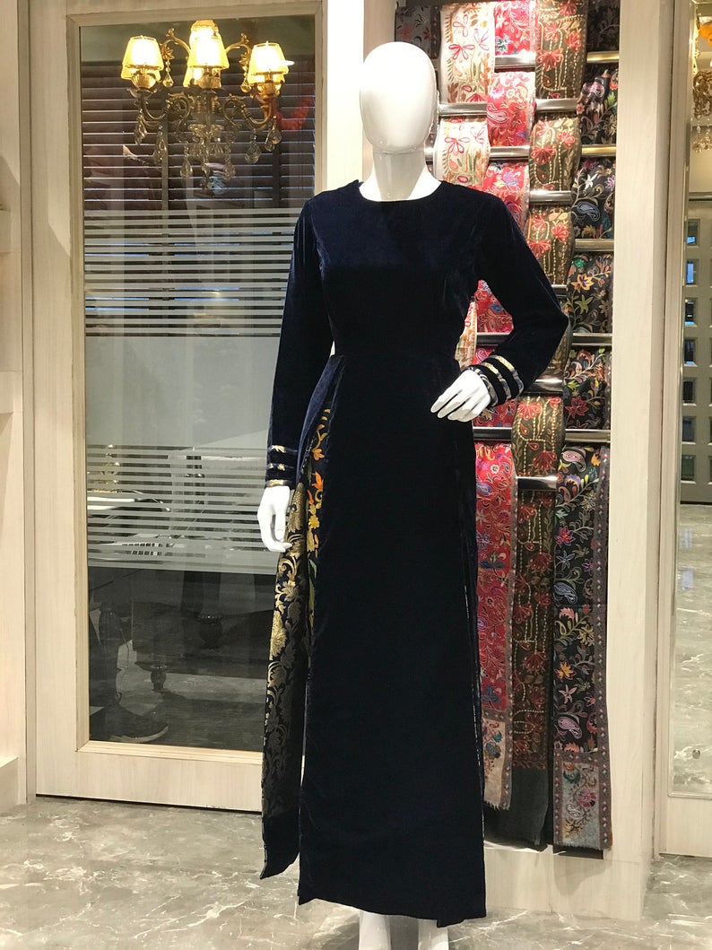 Velvet Dress with Kashmiri, Aari embroidered pants