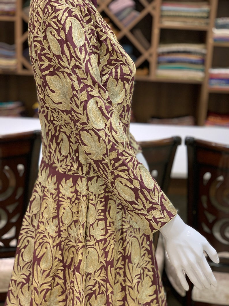 Wine Tilla Embroidered Kashmiri Dress Left