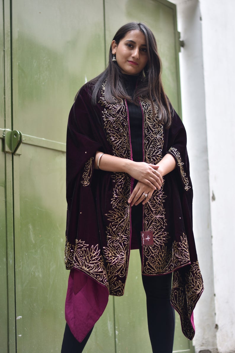 Pure Wool Cape Shawl With Hand Kardana Work Pure Wool Cape Shawl With Hand Kardana Work