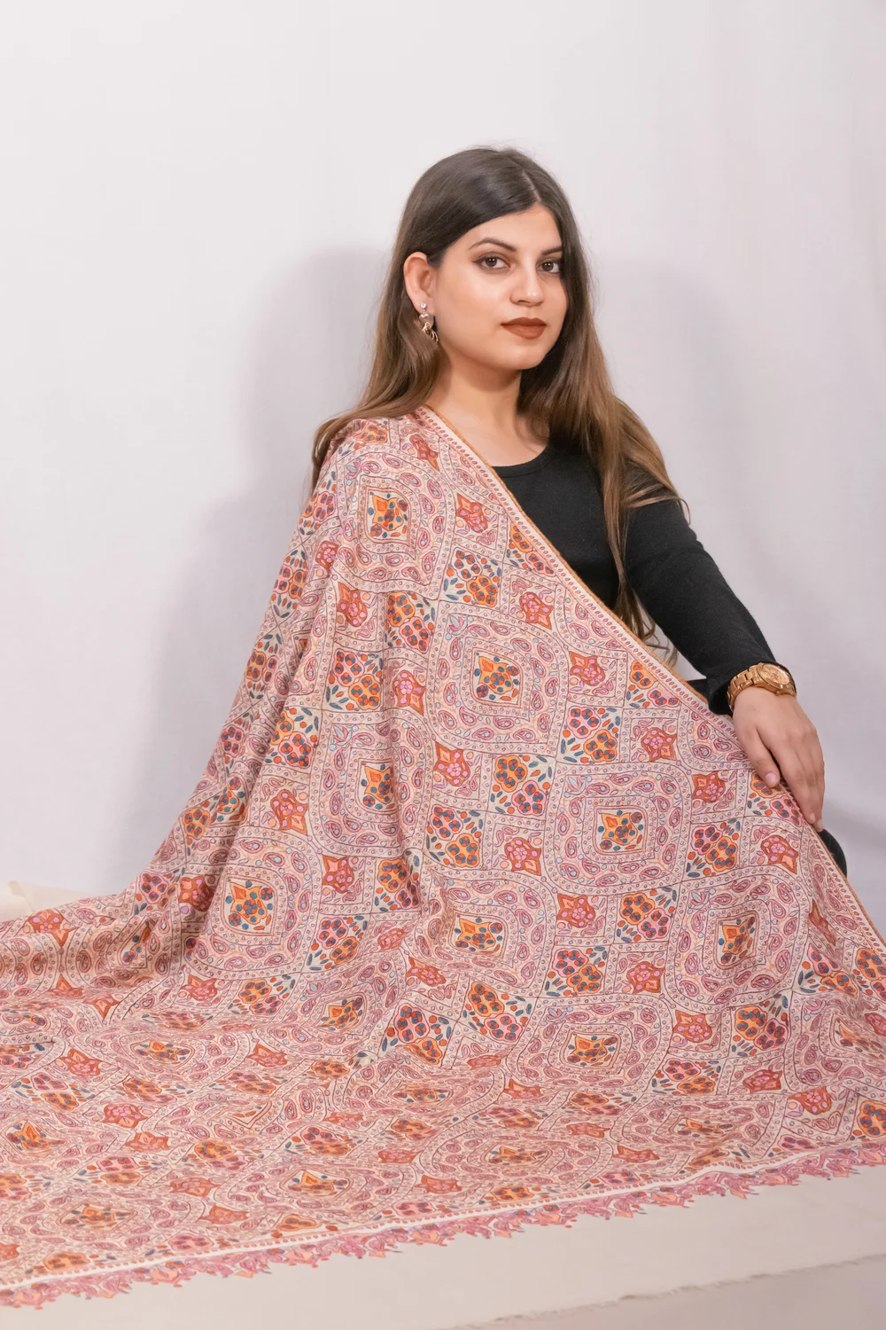 Natural White Papier Mache Hand Embroidered Pure Pashmina Shawl Accented with Paisleys and Flowers front