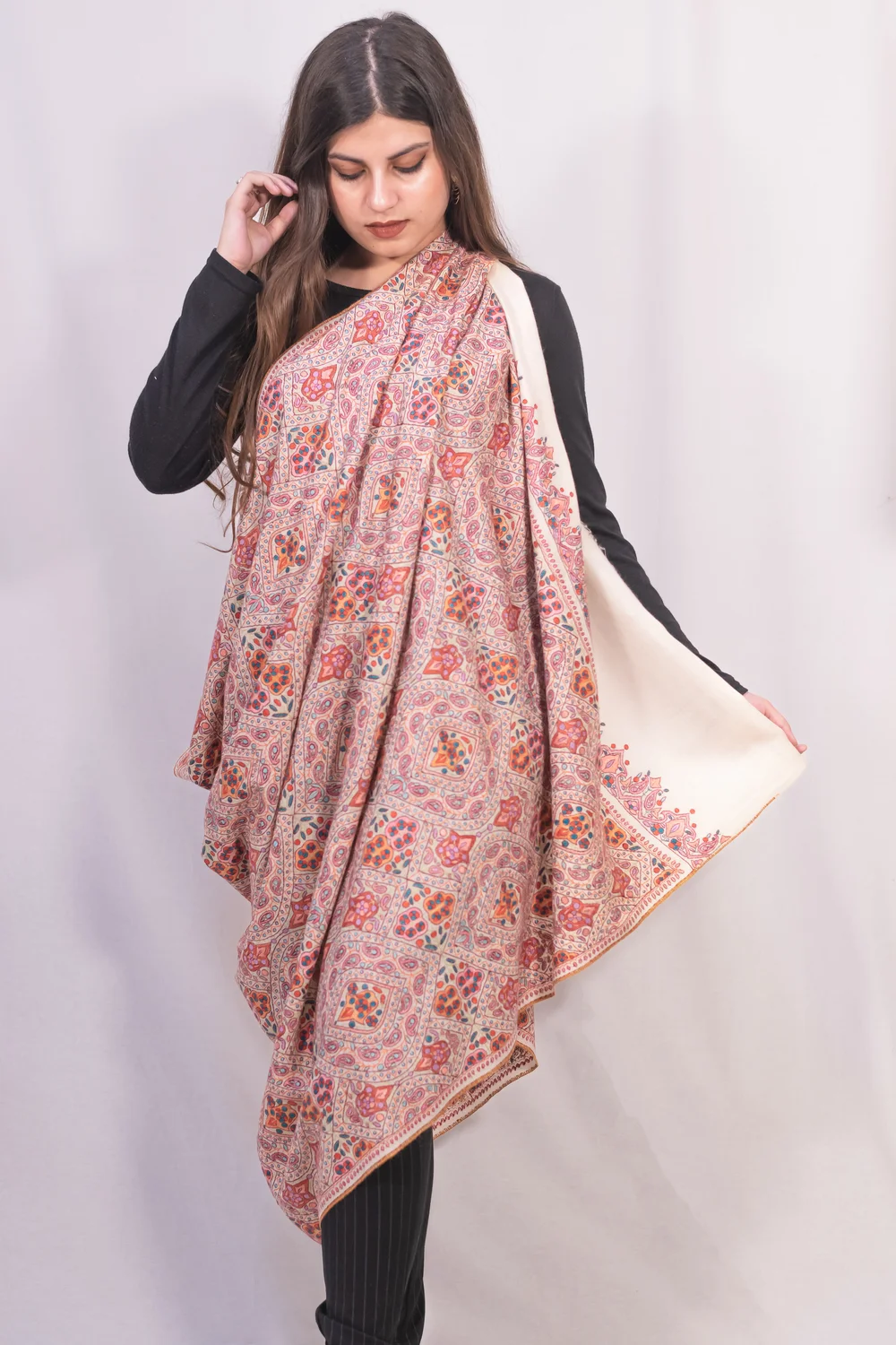 Natural White Papier Mache Hand Embroidered Pure Pashmina Shawl Accented with Paisleys and Flowers