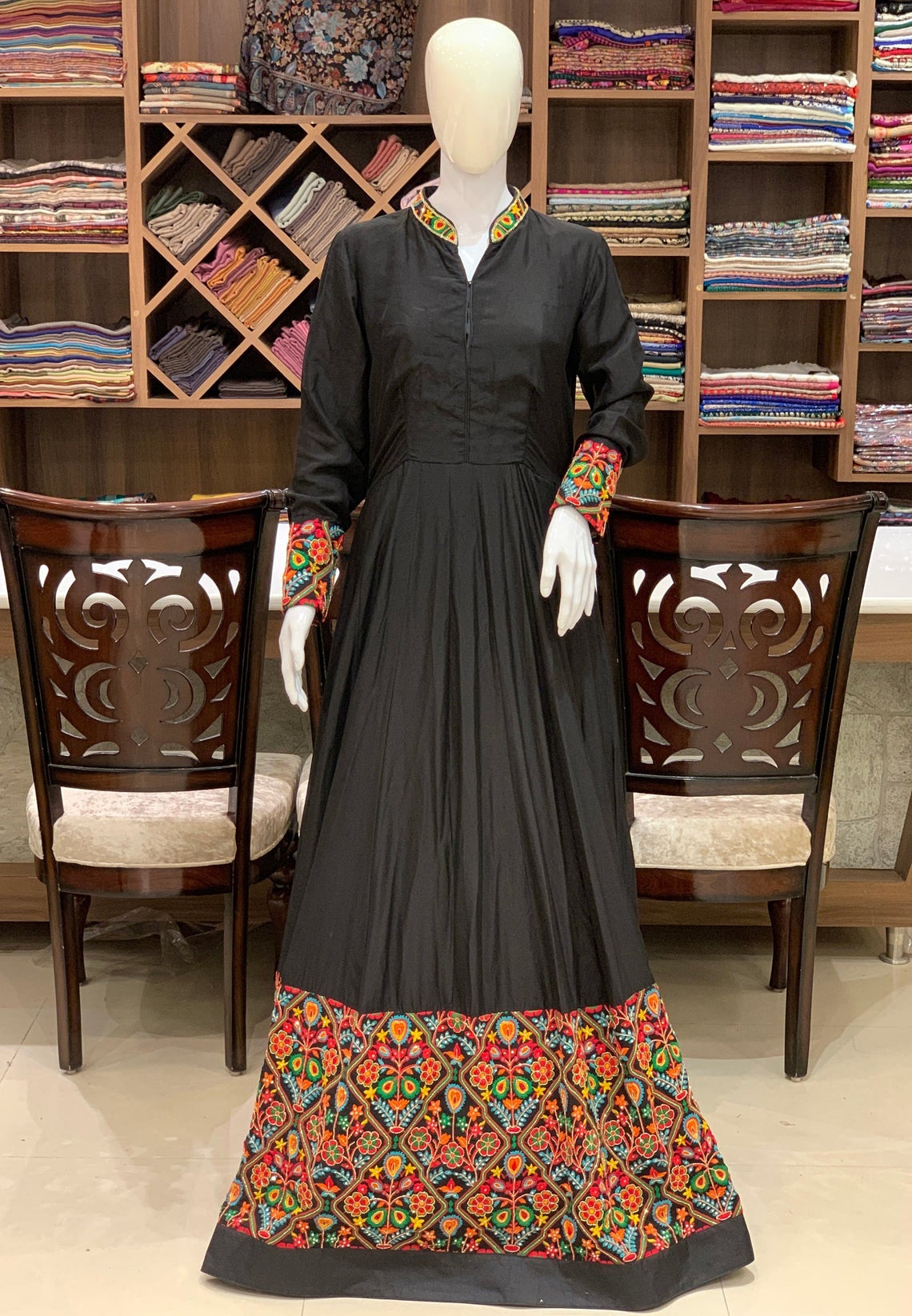 Floor Length Black Dress With Kutch Embroidery and Cut Daana Highlighting