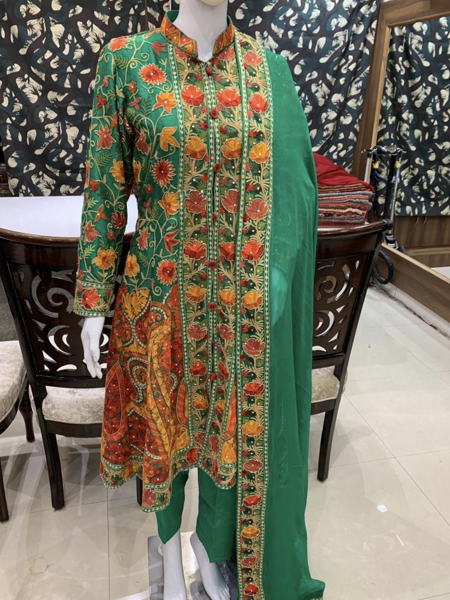 Green Indian Ethnic Suit 2 Green Flared Suit Dress With Rich Embroidery and Cut Daana Highlighting