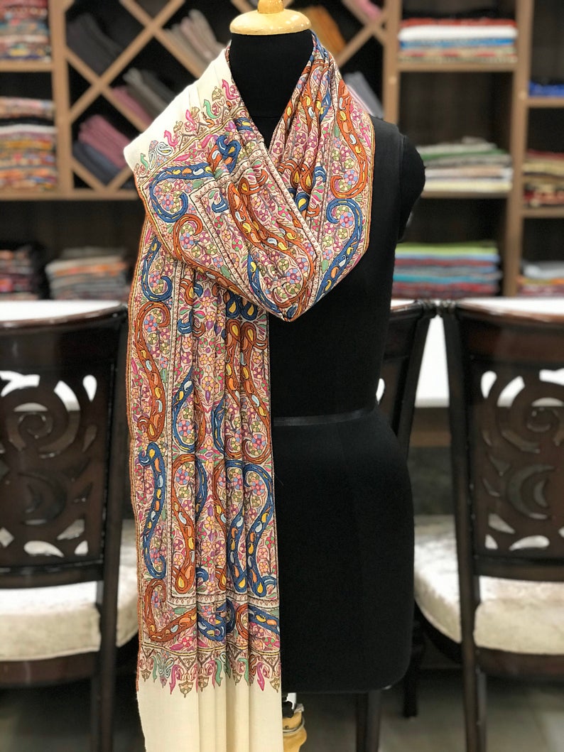 Heart Paisley Pattern Papier Mache Hand Embroidered Pure Pashmina Shawl-1