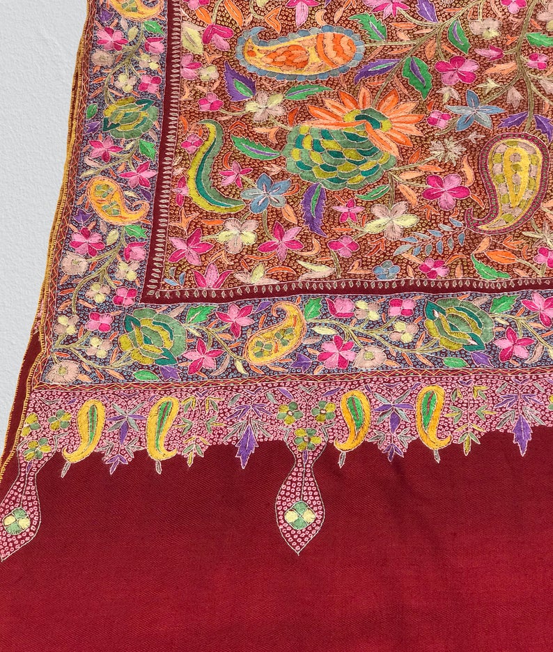 Maroon Papier Mache Hand Embroidered Jamawar Pure Pashmina Shawl-1