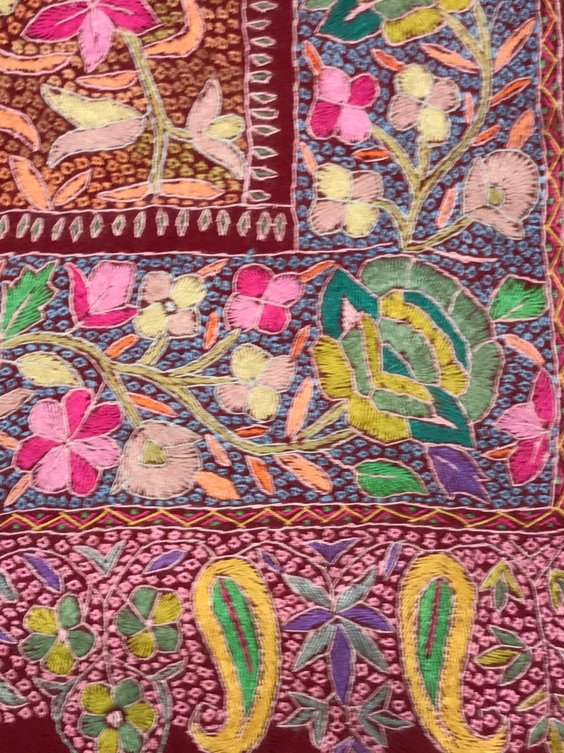 Maroon Papier Mache Hand Embroidered Jamawar Pure Pashmina Shawl-2