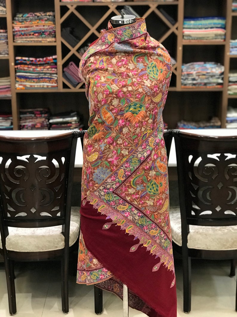 Maroon Papier Mache Hand Embroidered Jamawar Pure Pashmina Shawl