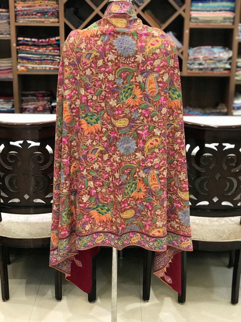 Maroon Papier Mache Hand Embroidered Jamawar Pure Pashmina Shawls
