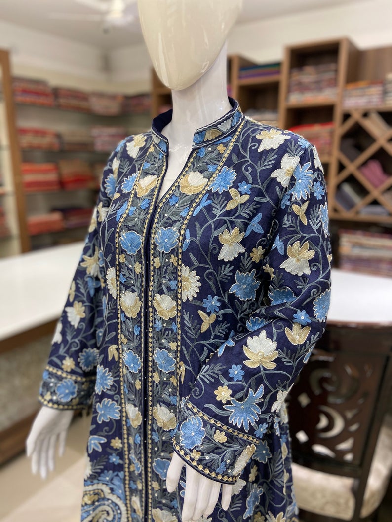 Navy Blue Flared Style Dress With Pastel Embroideries