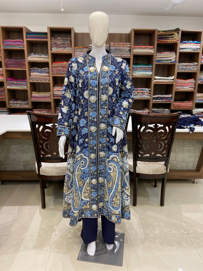 Navy Blue Flared Style Dress With Pastel Embroidery-1
