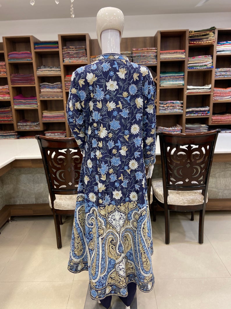 Navy Blue Flared Style Dress With Pastel Embroidery & Daana Cut
