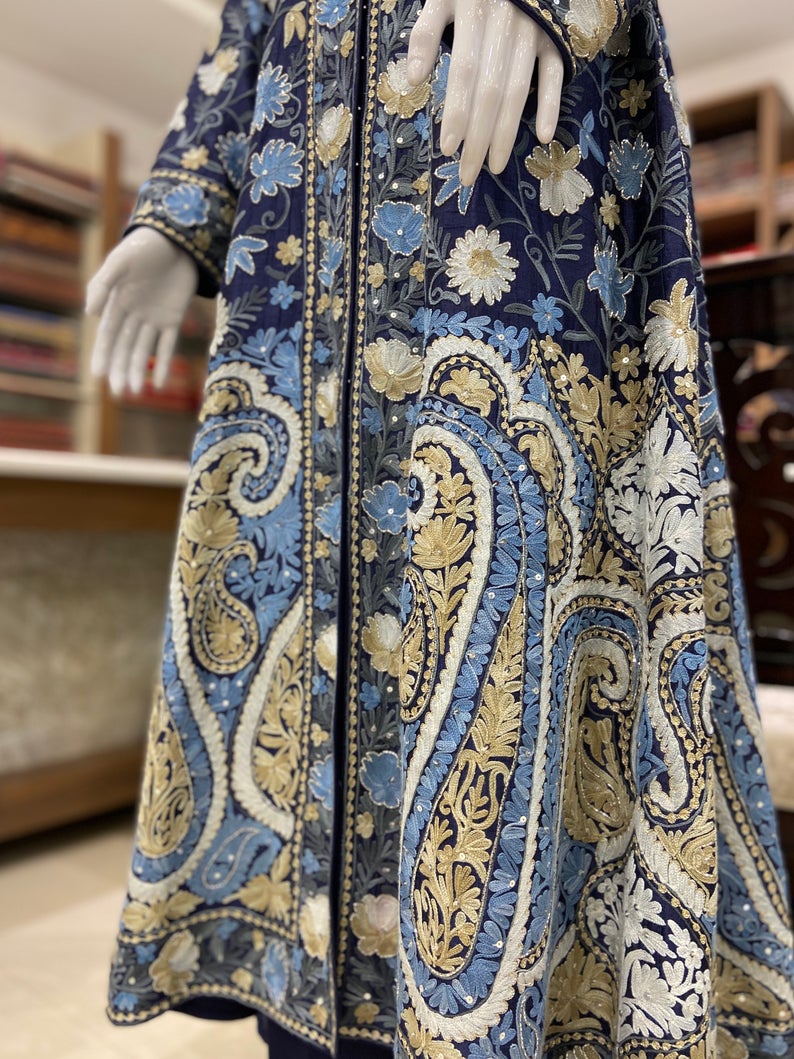 Navy Blue Flared Style Dress With Pastel Embroidery