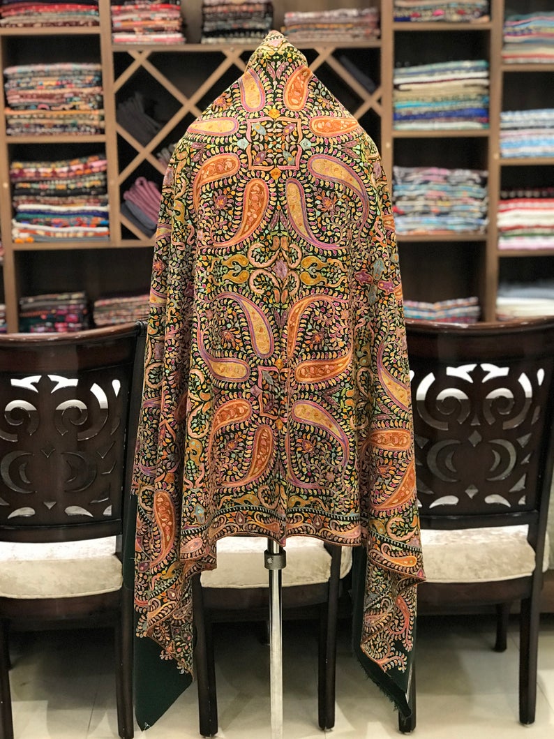 Octagon Paisley Pattern Papier Mache Hand Embroidered Pure Pashmina Shawl-1