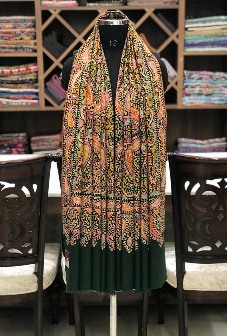 Octagon Paisley Pattern Papier Mache Hand Embroidered Pure Pashmina Shawl-3