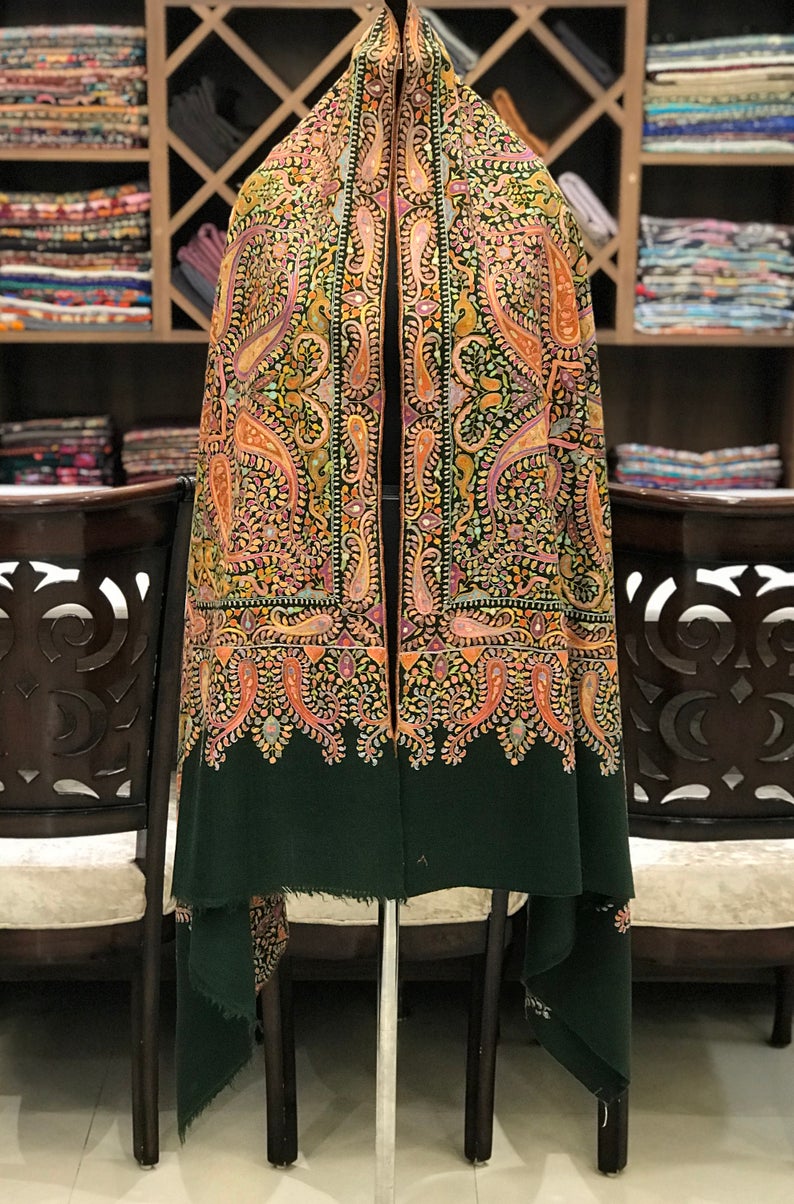 Octagon Paisley Pattern Papier Mache Hand Embroidered Pure Pashmina Shawl