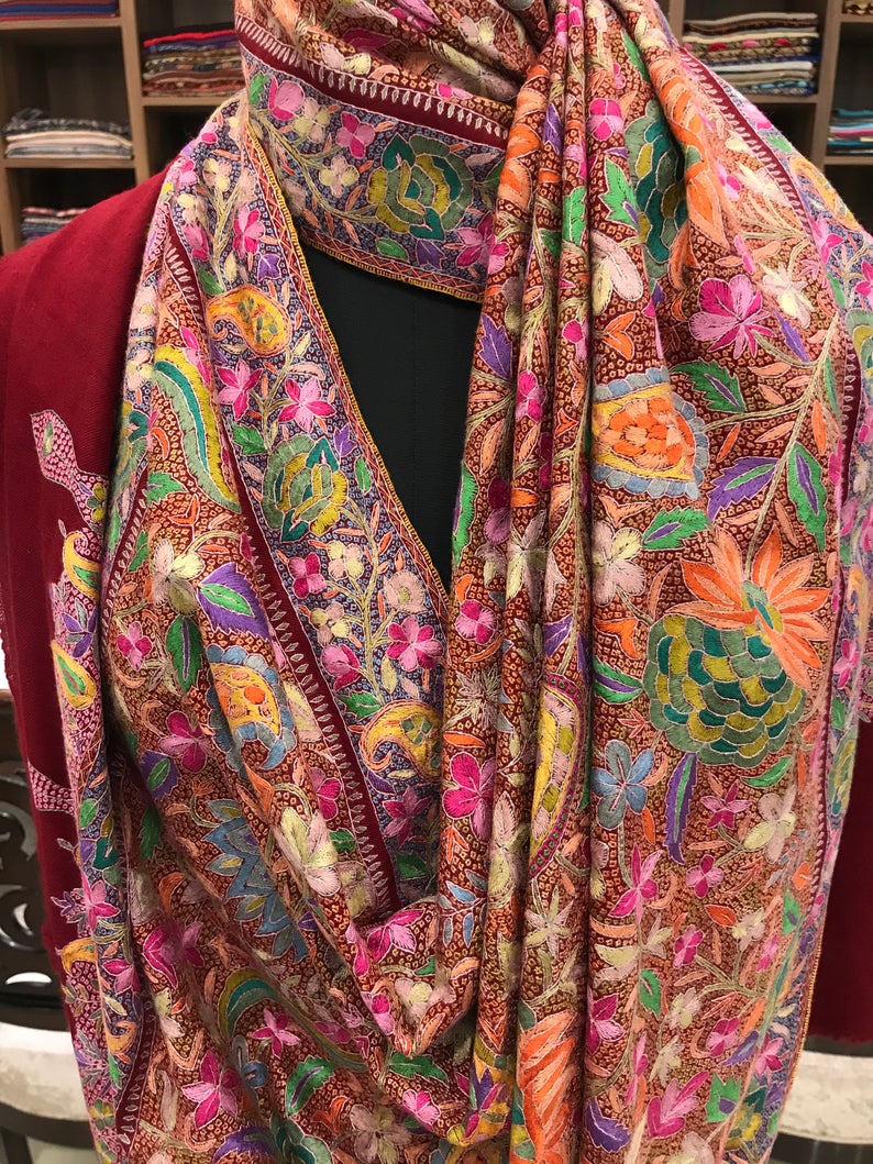 Papier Mache Hand Embroidered Jamawar Pure Pashmina Shawl