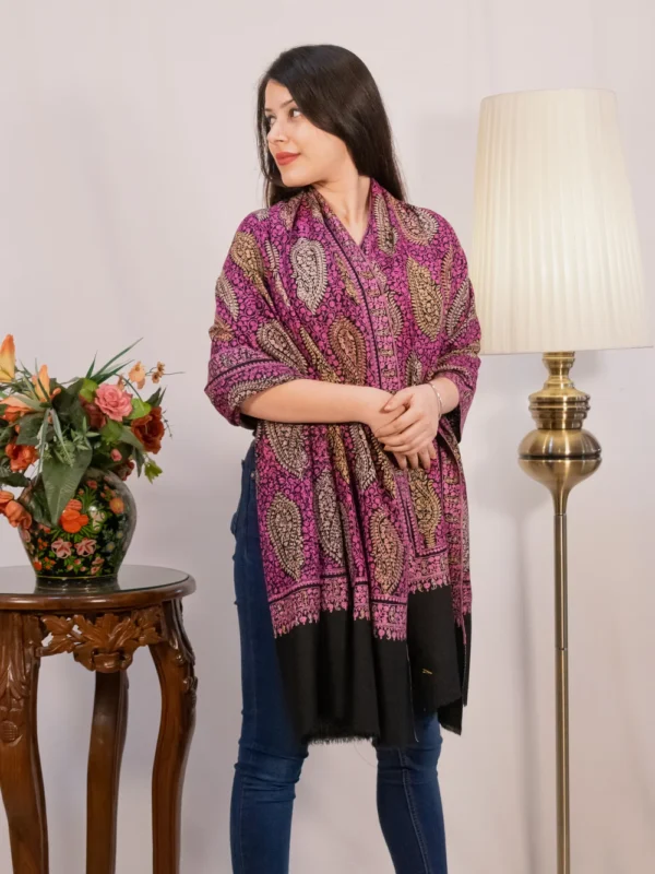 Black Pure Pashmina Shawl with Jamawar Paisley Jaal Sozni Hand Embroidery
