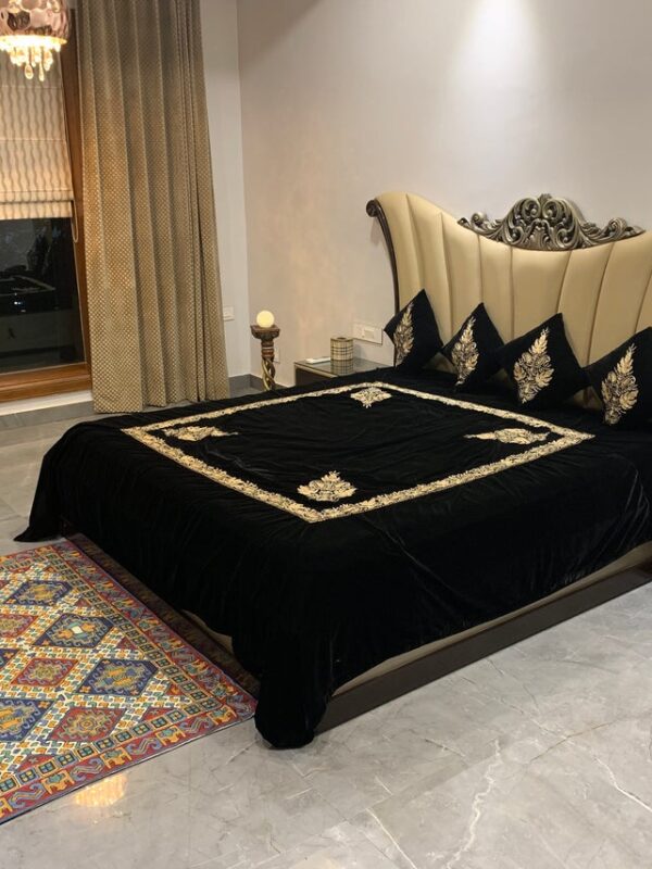 Maroon Velvet Bed Cover with Kashmiri Tilla Embroidery: Chinaar Ambi Border