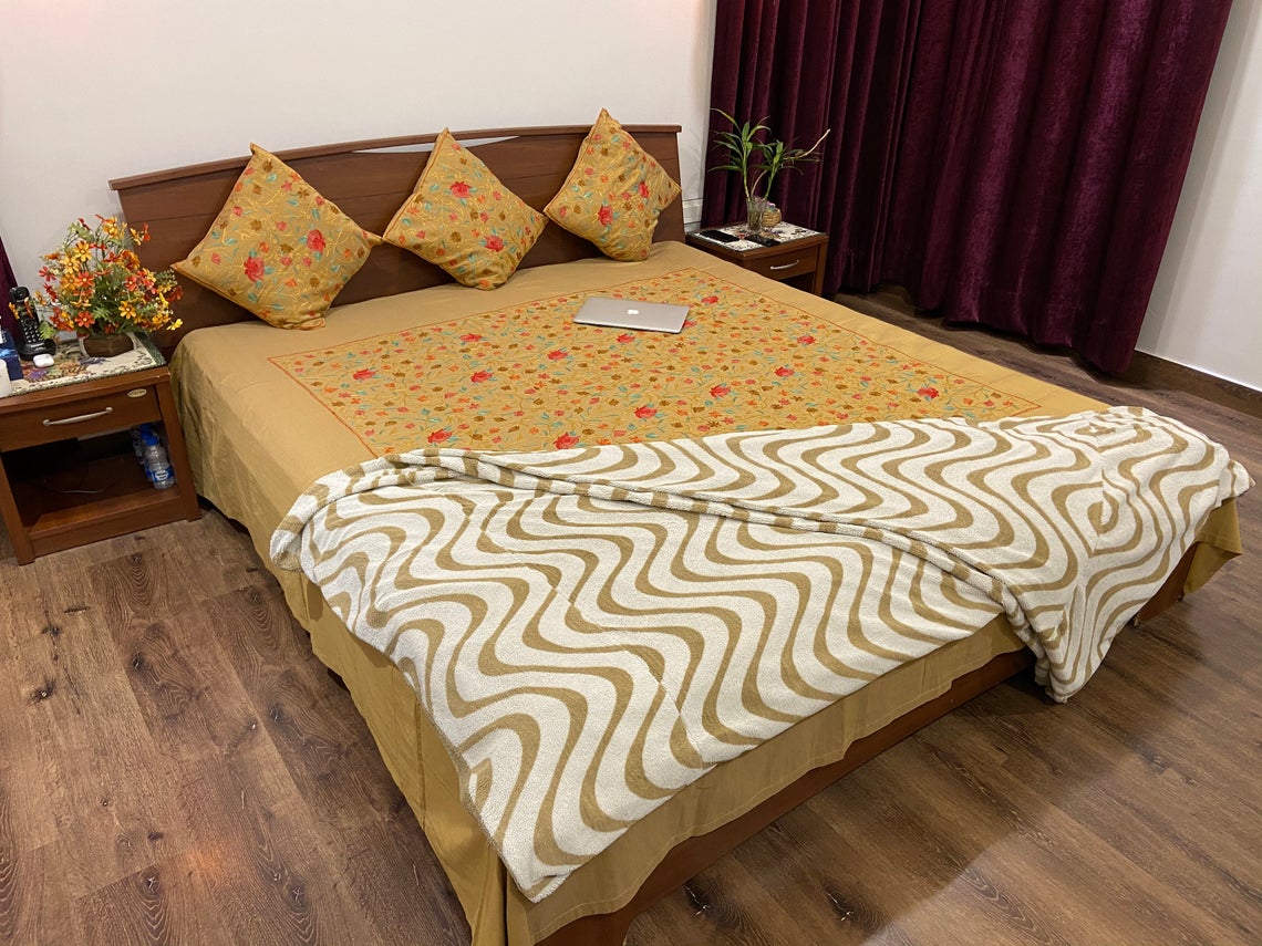 Raw Silk Aari Embroidered Bed Cover Raw Silk Aari Embroidered Bed Cover