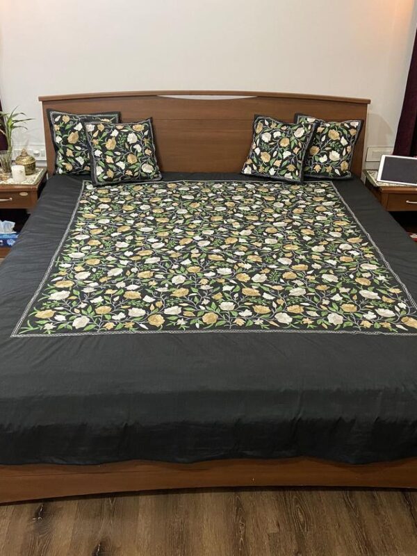 Black Raw Silk Kashmiri Embroidered Bed Cover