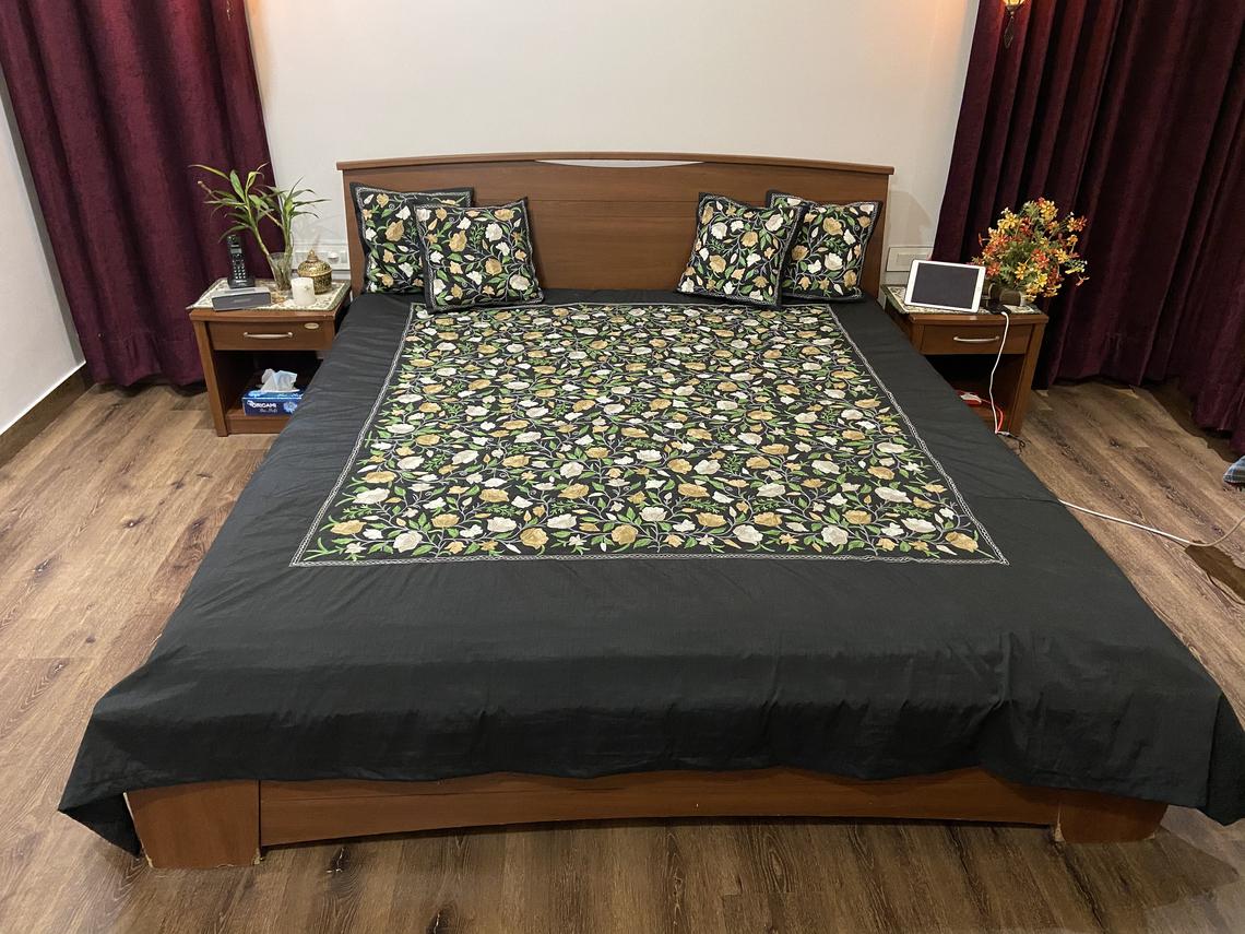 Black Raw Silk Kashmiri Embroidered Bed Cover Black Raw Silk Kashmiri Embroidered Bed Cover