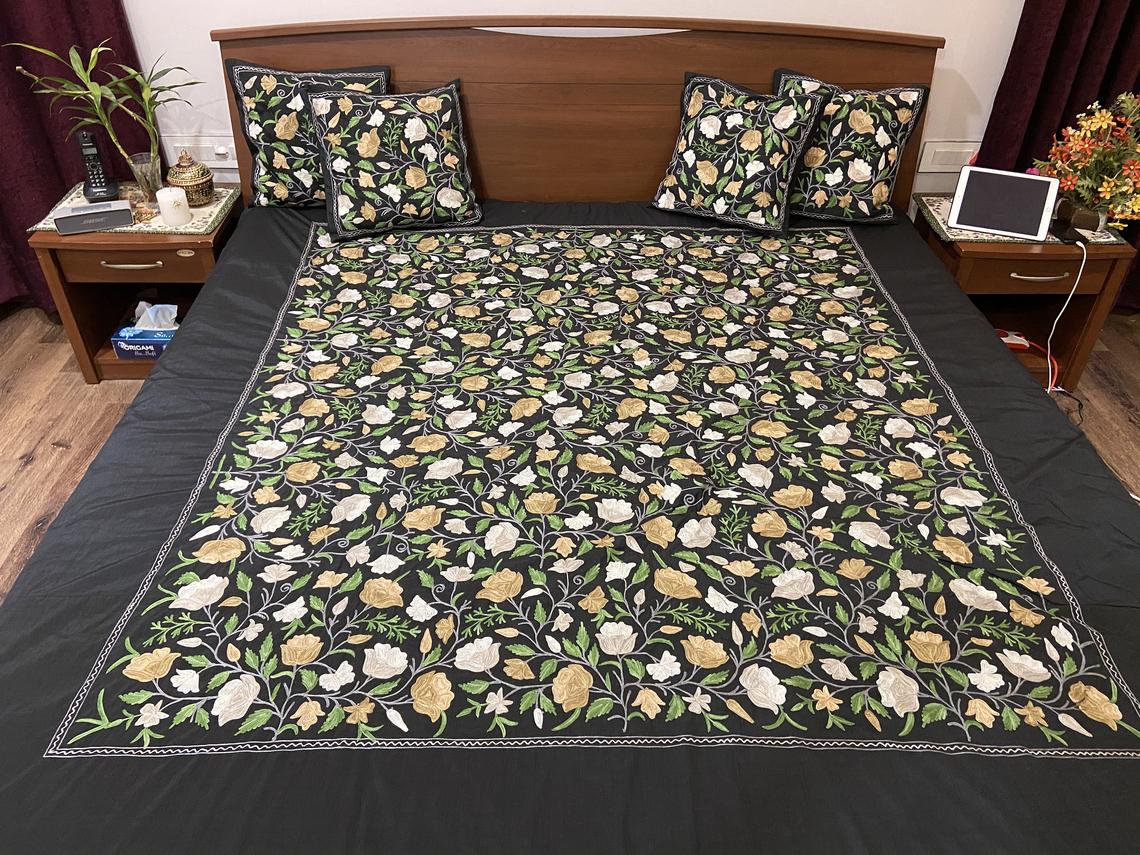 Black Raw Silk Kashmiri Embroidered Bed Cover Black Raw Silk Kashmiri Embroidered Bed Cover