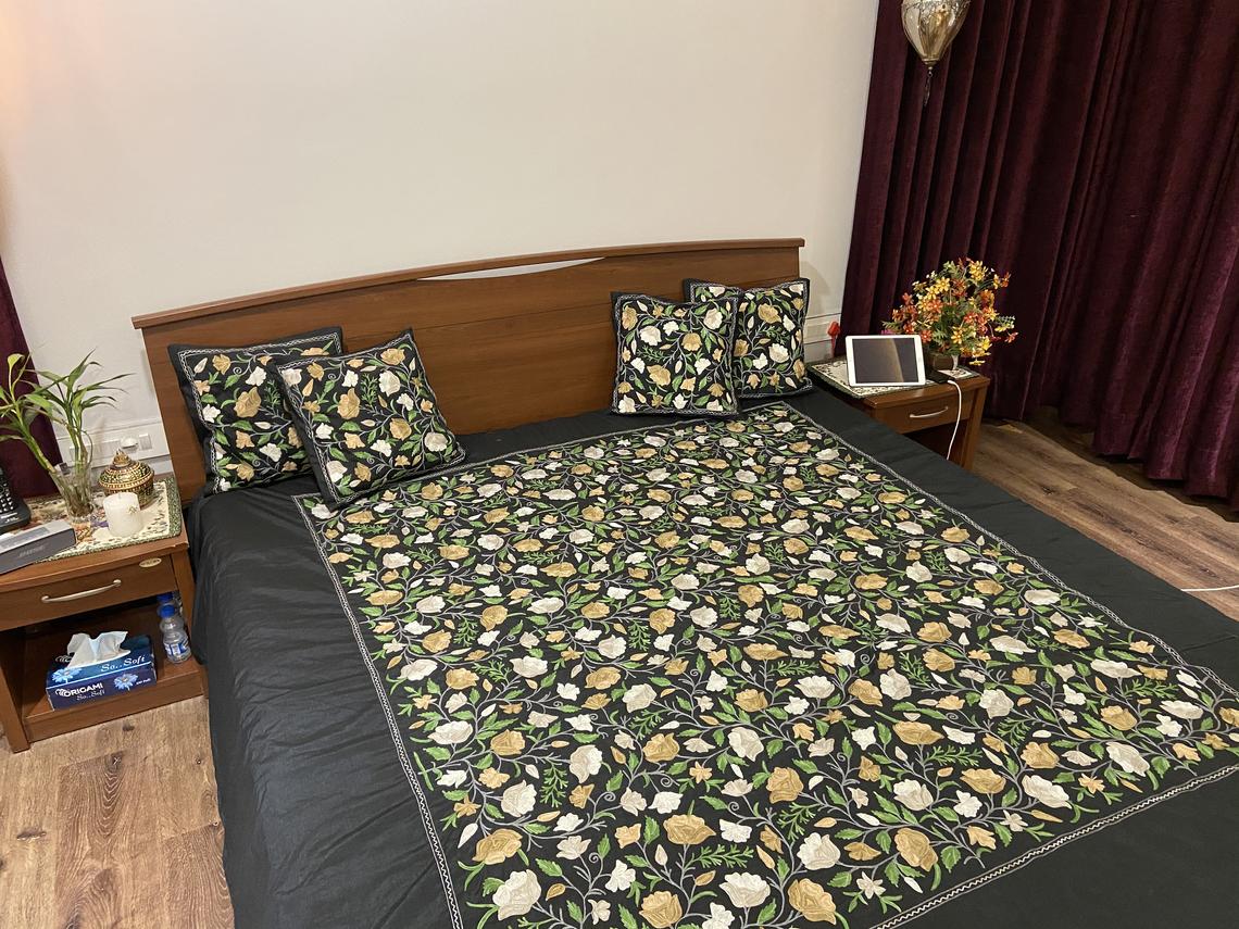 Black Raw Silk Kashmiri Embroidered Bed Cover Black Raw Silk Kashmiri Embroidered Bed Cover