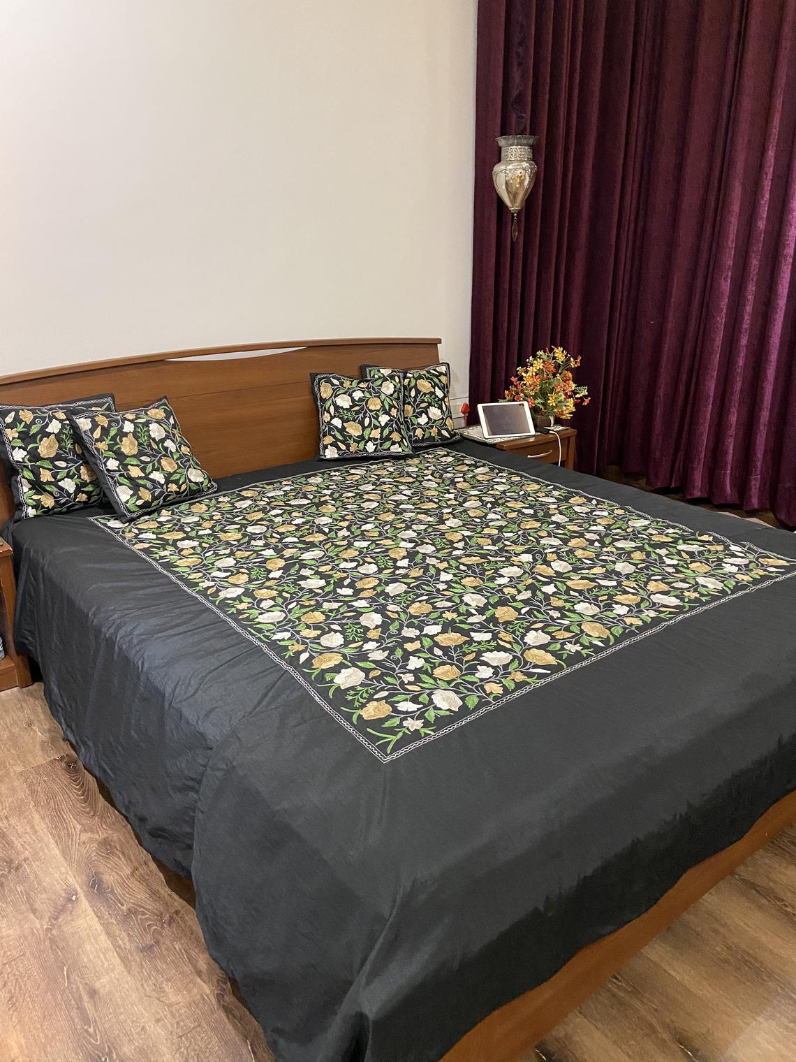 Black Raw Silk Kashmiri Embroidered Bed Cover Black Raw Silk Kashmiri Embroidered Bed Cover
