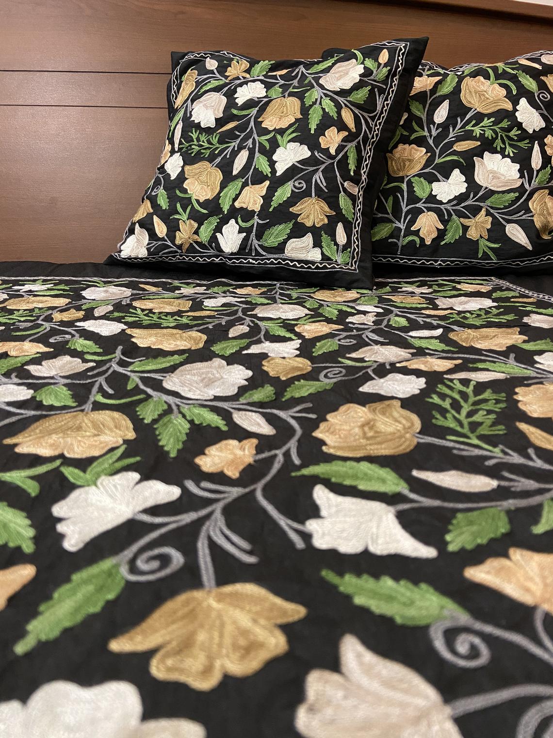 Black Raw Silk Kashmiri Embroidered Bed Cover Black Raw Silk Kashmiri Embroidered Bed Cover