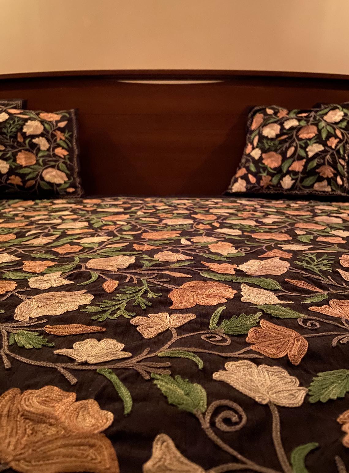 Black Raw Silk Kashmiri Embroidered Bed Cover Black Raw Silk Kashmiri Embroidered Bed Cover
