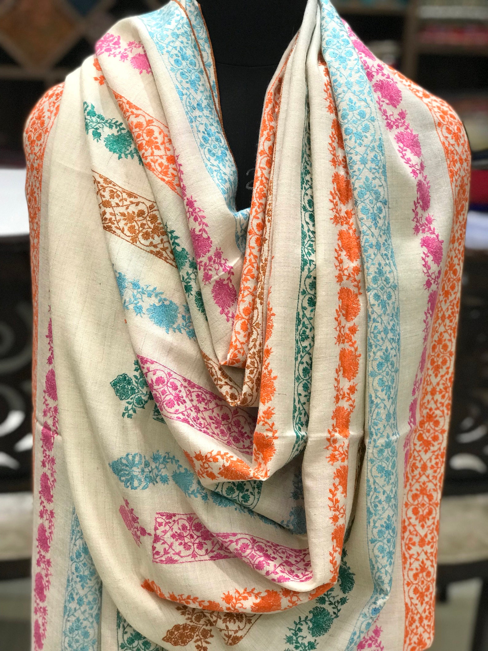 White Sozni Pure Pashmina Hand Embroidered Shawl White Sozni Pure Pashmina Hand Embroidered Shawl