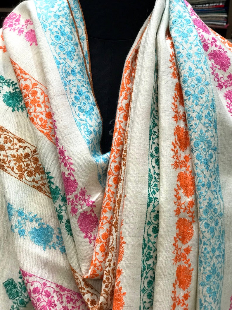 White Sozni Pure Pashmina Hand Embroidered Shawl