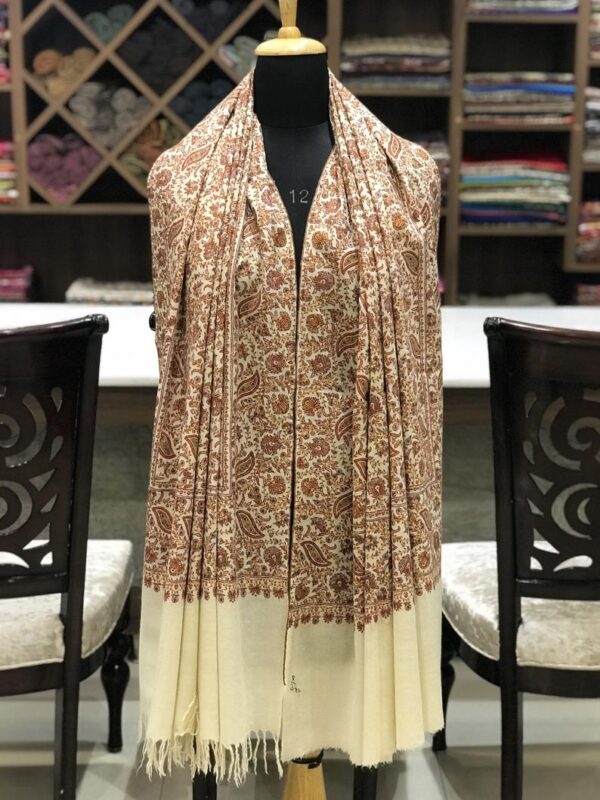White Jamawar Sozni Pure Pashmina Hand Embroidered Shawl