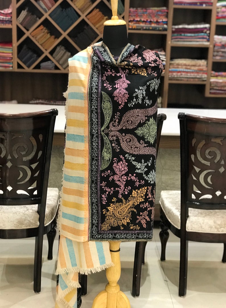 Black Allover Sozni Pure Pashmina Hand Embroidered Shawl Black Allover Sozni Pure Pashmina Hand Embroidered Shawl