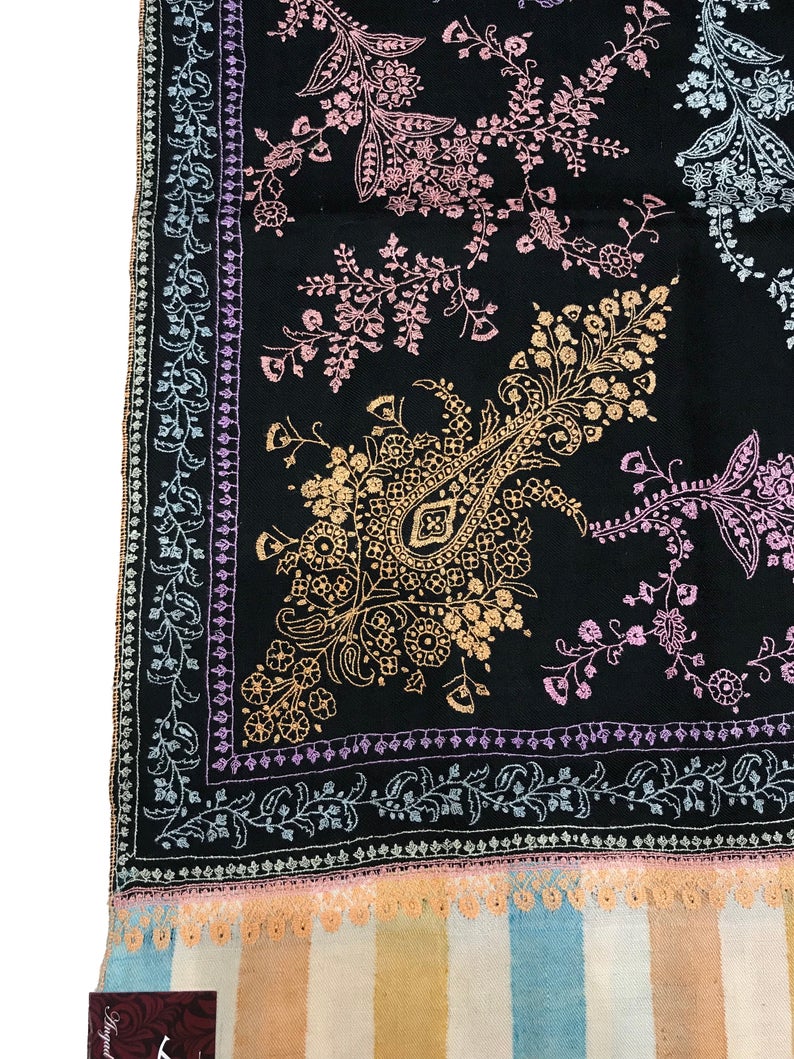 Black Allover Sozni Pure Pashmina Hand Embroidered Shawl Black Allover Sozni Pure Pashmina Hand Embroidered Shawl