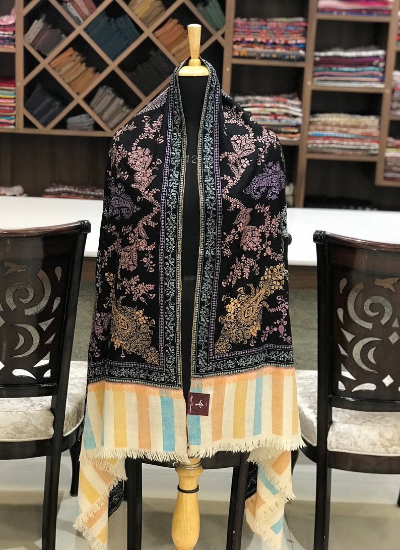 Black Allover Sozni Pure Pashmina Hand Embroidered Shawl Black Allover Sozni Pure Pashmina Hand Embroidered Shawl