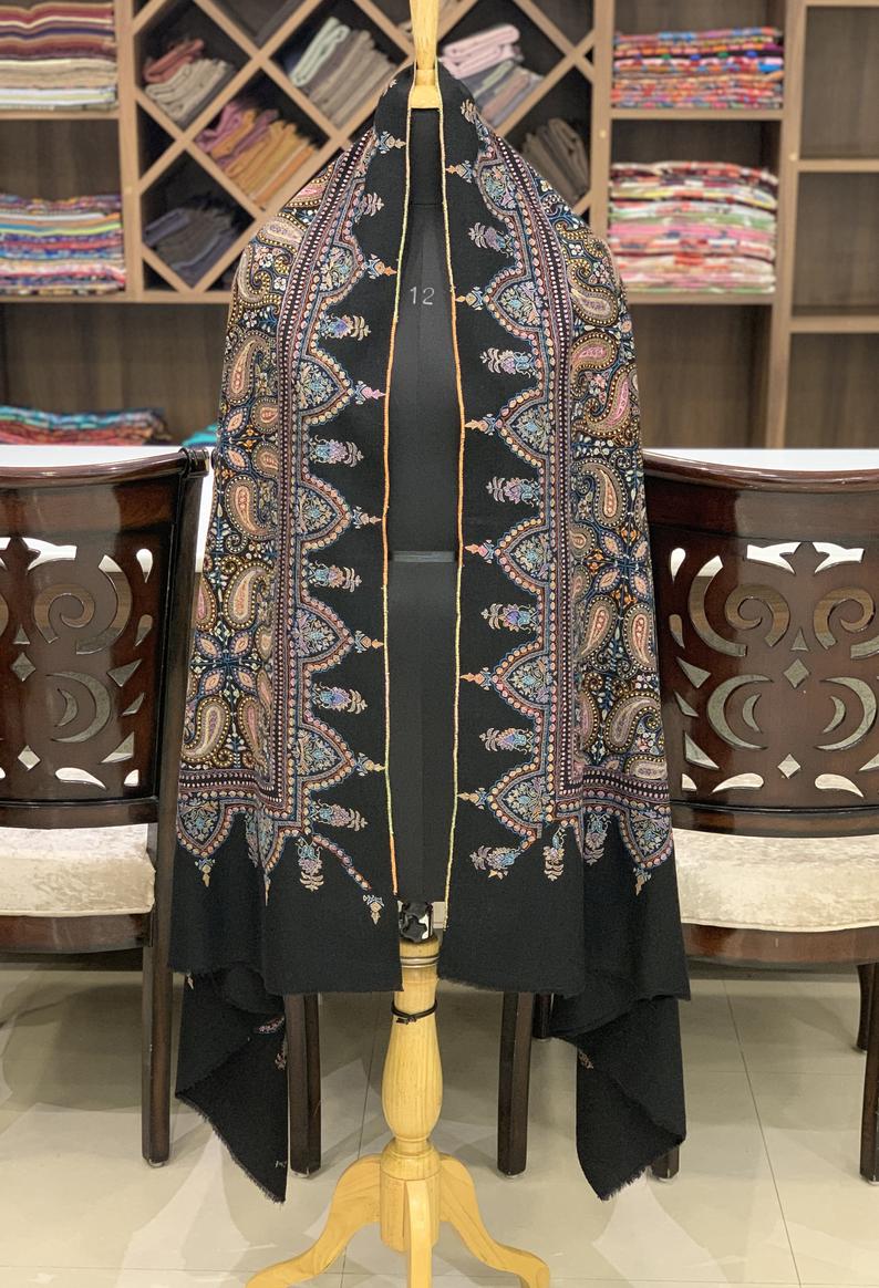 Black Allover Sozni Pure Pashmina Hand Embroidered Shawl Black Allover Sozni Pure Pashmina Hand Embroidered Shawl