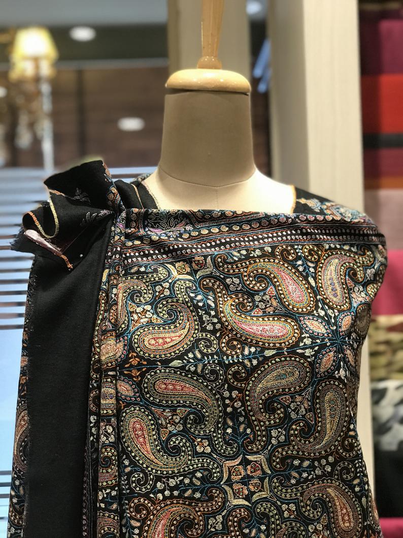 Black Allover Sozni Pure Pashmina Hand Embroidered Shawl Black Allover Sozni Pure Pashmina Hand Embroidered Shawl