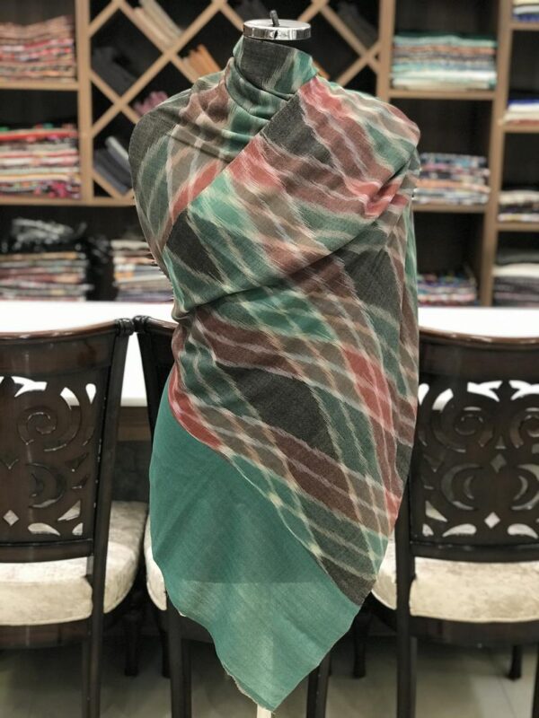 Criss-Cross Ikat Design Pure Pashmina Green Women Stole Scarf