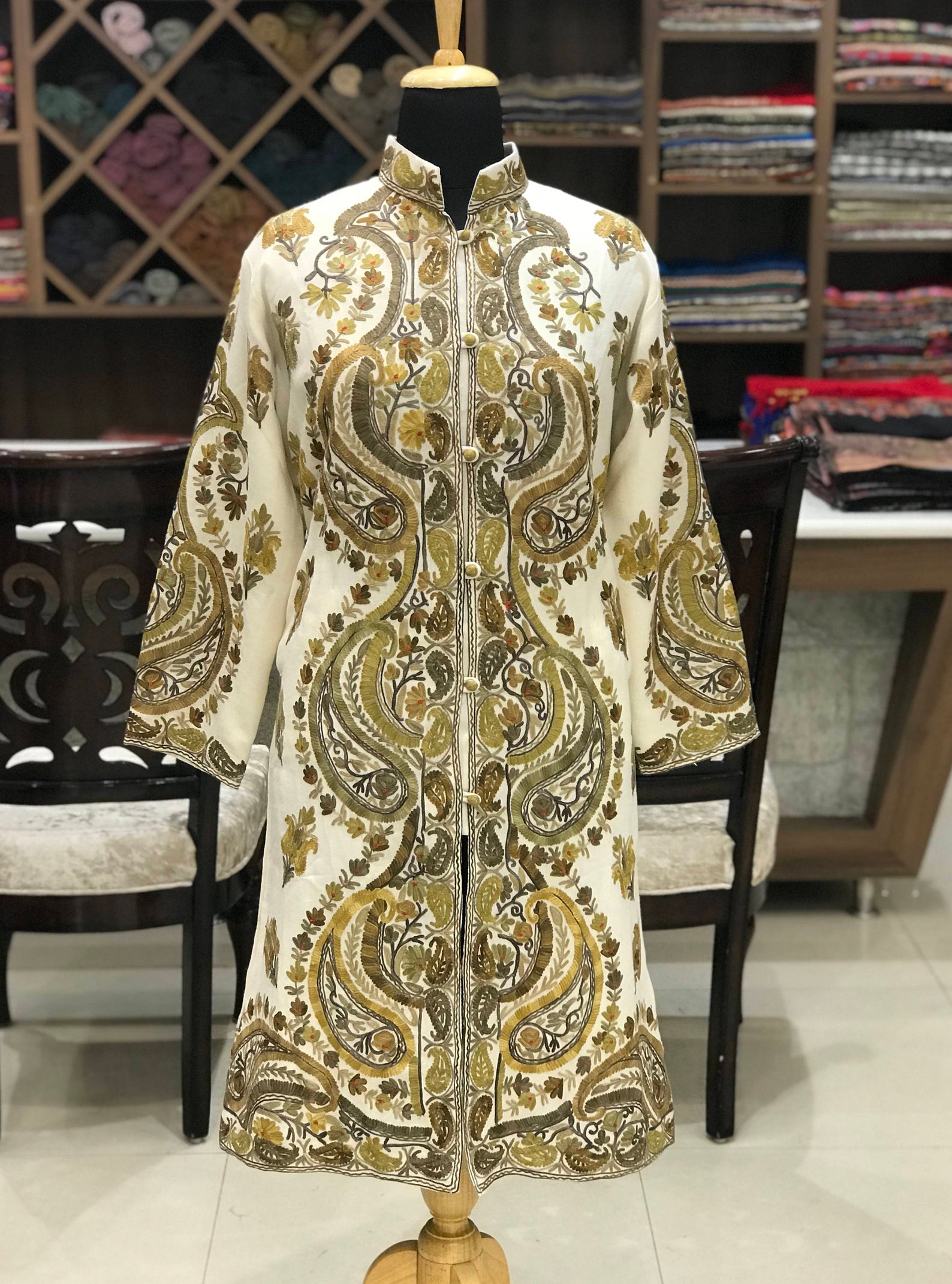Woollen Kashmiri Long Jacket With Allover Jaal Embroidery