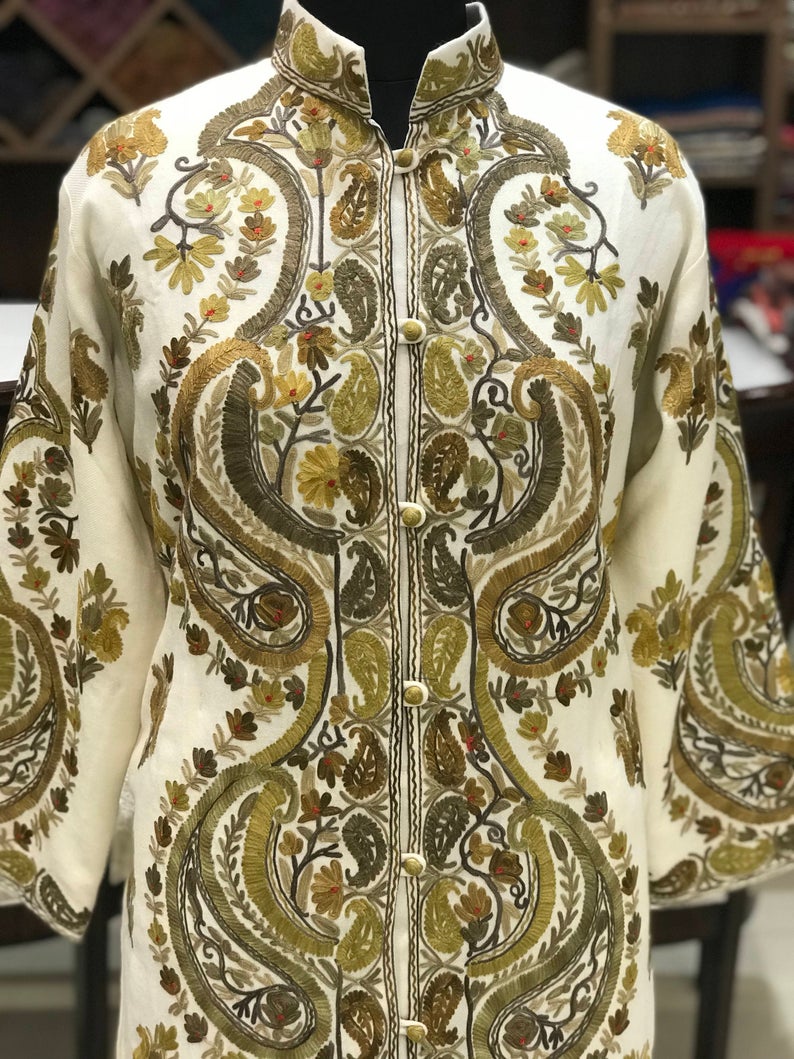 Woollen Kashmiri Long Jacket With Allover Jaal Embroidery