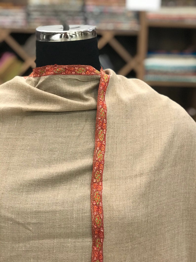 Pure Pashmina Shawl with Border Sozni Hand Embroidery