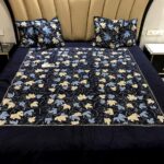 Navy Blue Raw Silk Bed Cover with Floral Aari Jaal Embroidery Outlined with Tilla