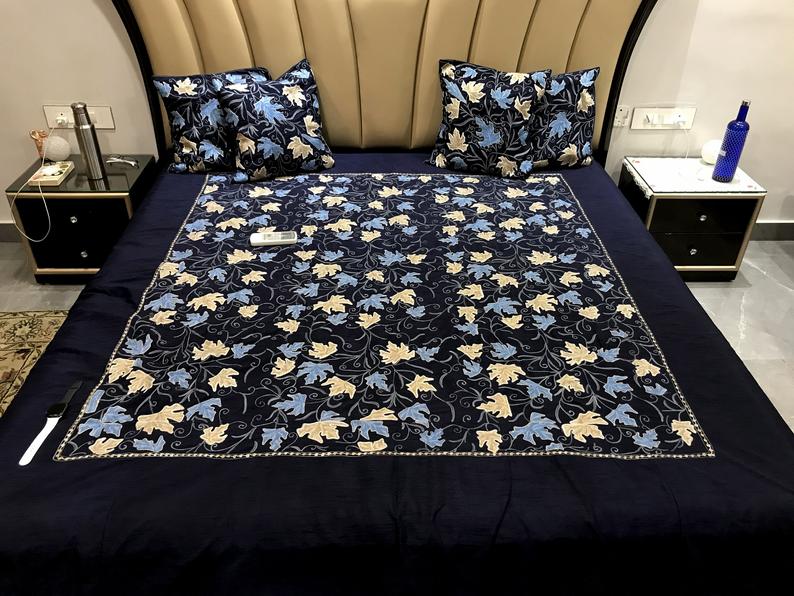 Navy Blue Raw Silk Bed Cover with Floral Aari Jaal Embroidery Outlined with Tilla