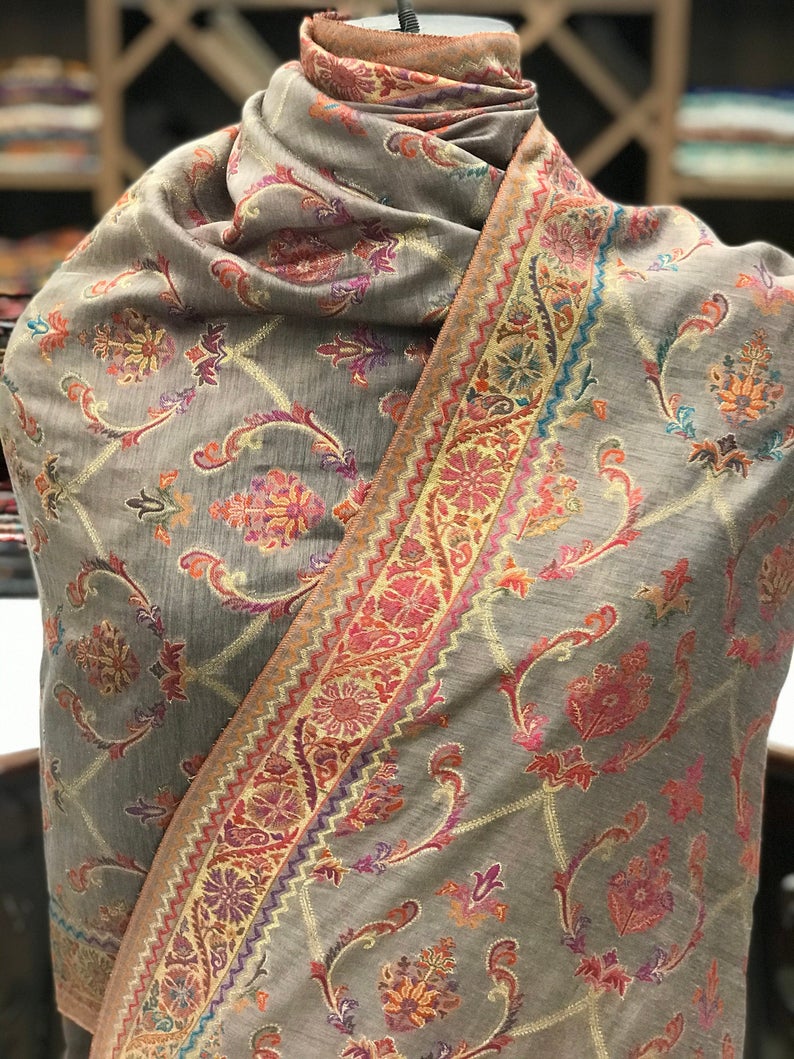 Modal Silk Bottle Grey Kani Weave Dupatta close up Modal Silk Bottle Grey Kani Weave Dupatta close up