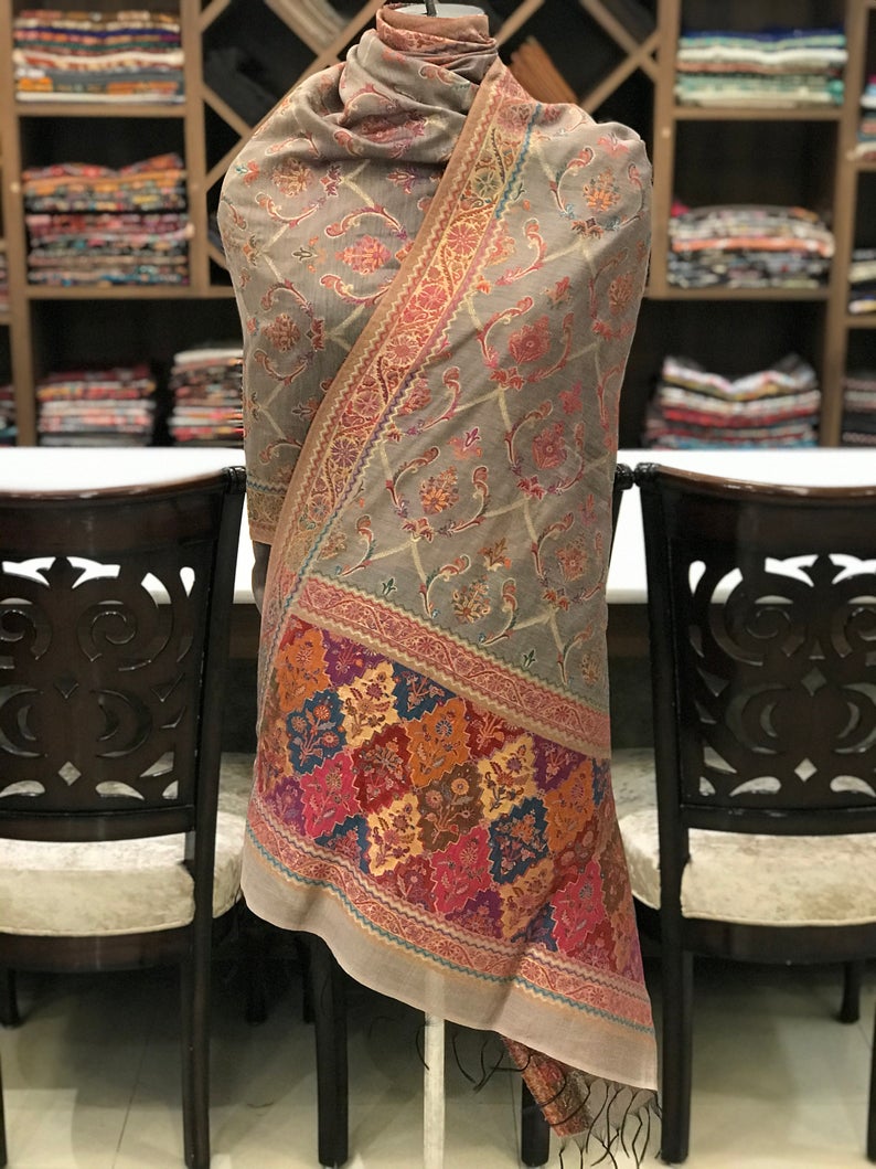 Modal Silk Bottle Grey Kani Weave Dupatta Modal Silk Bottle Grey Kani Weave Dupatta