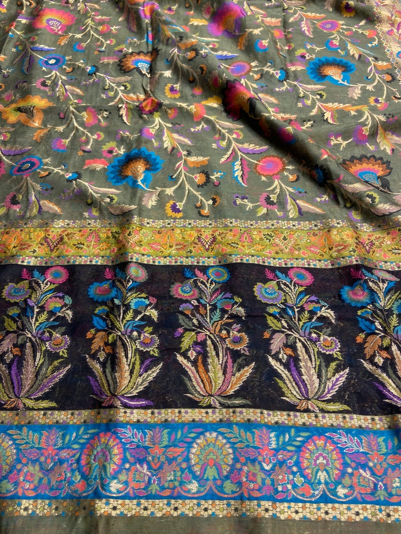 Modal Silk Olive Green Kani Weave Dupatta close up