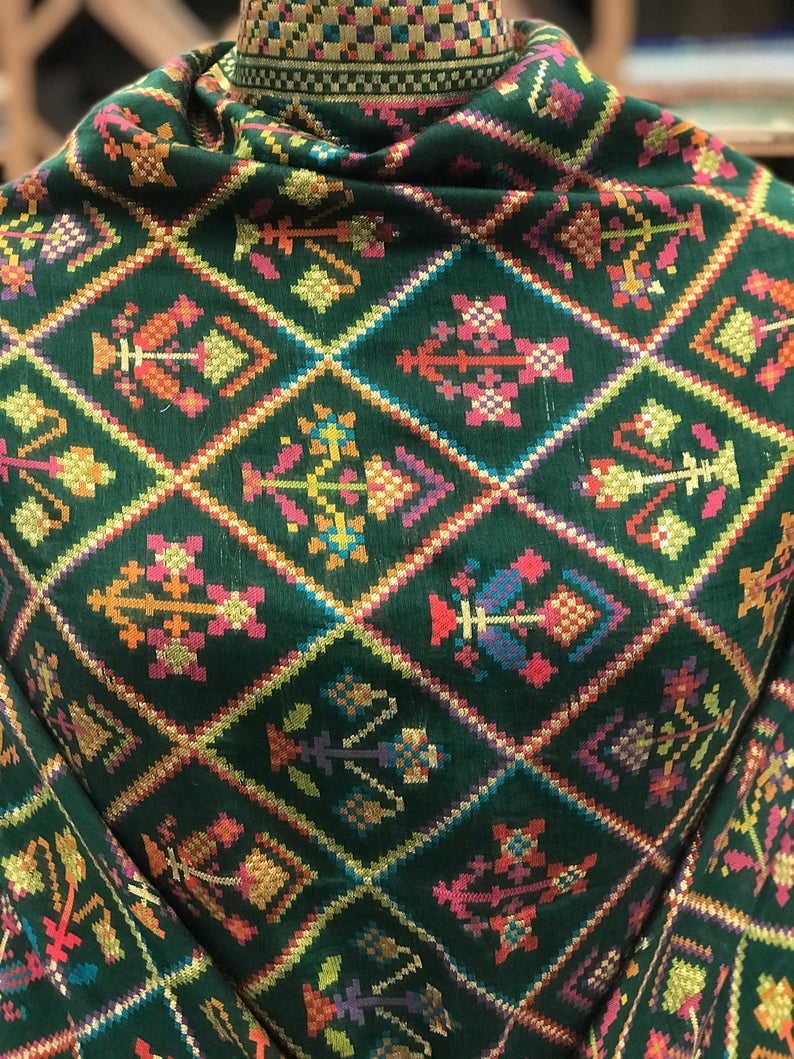 Modal Silk bottle Green Kani Weave Dupatta close up