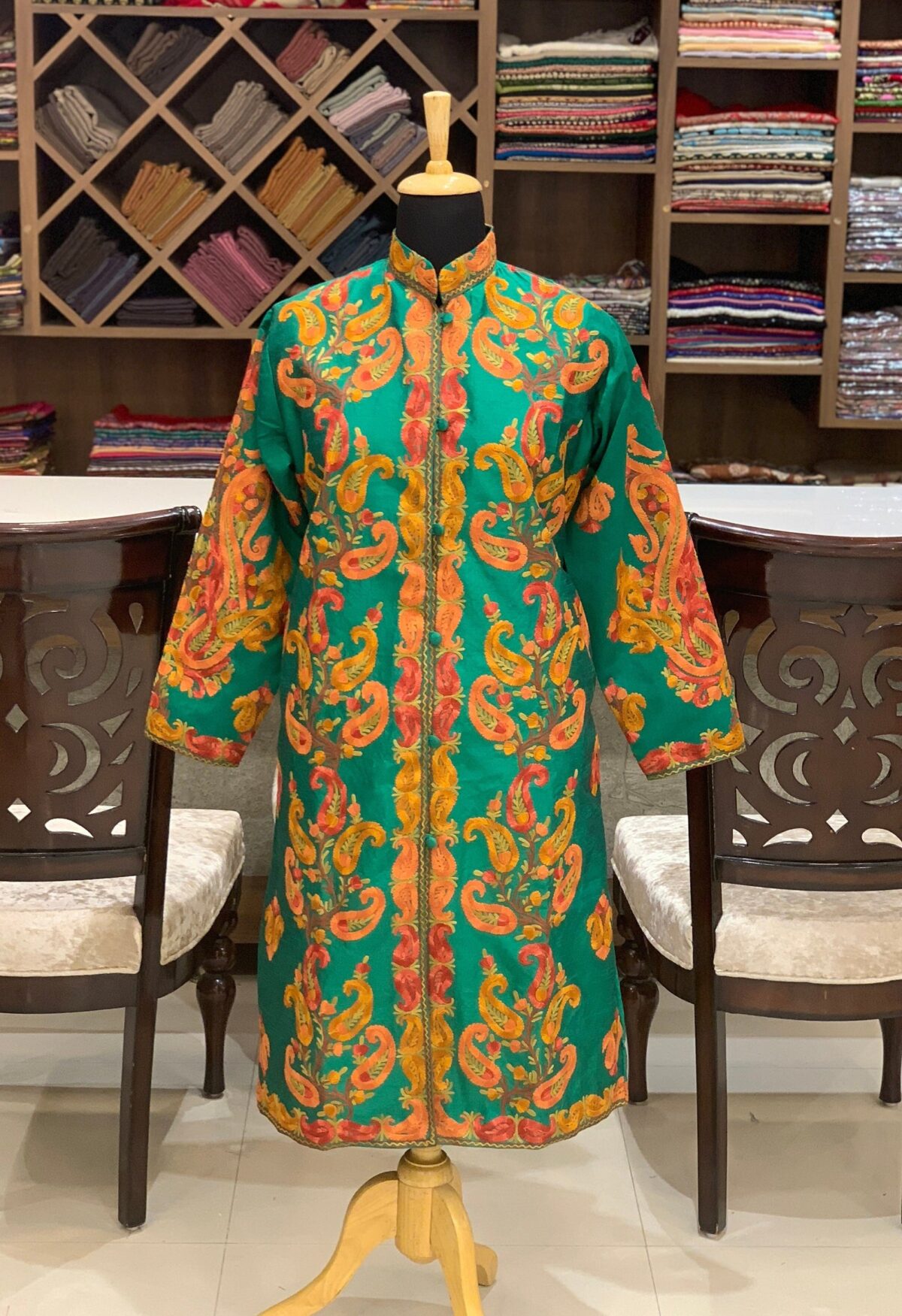 Green Paisley Embroidered Long Women's Jacket